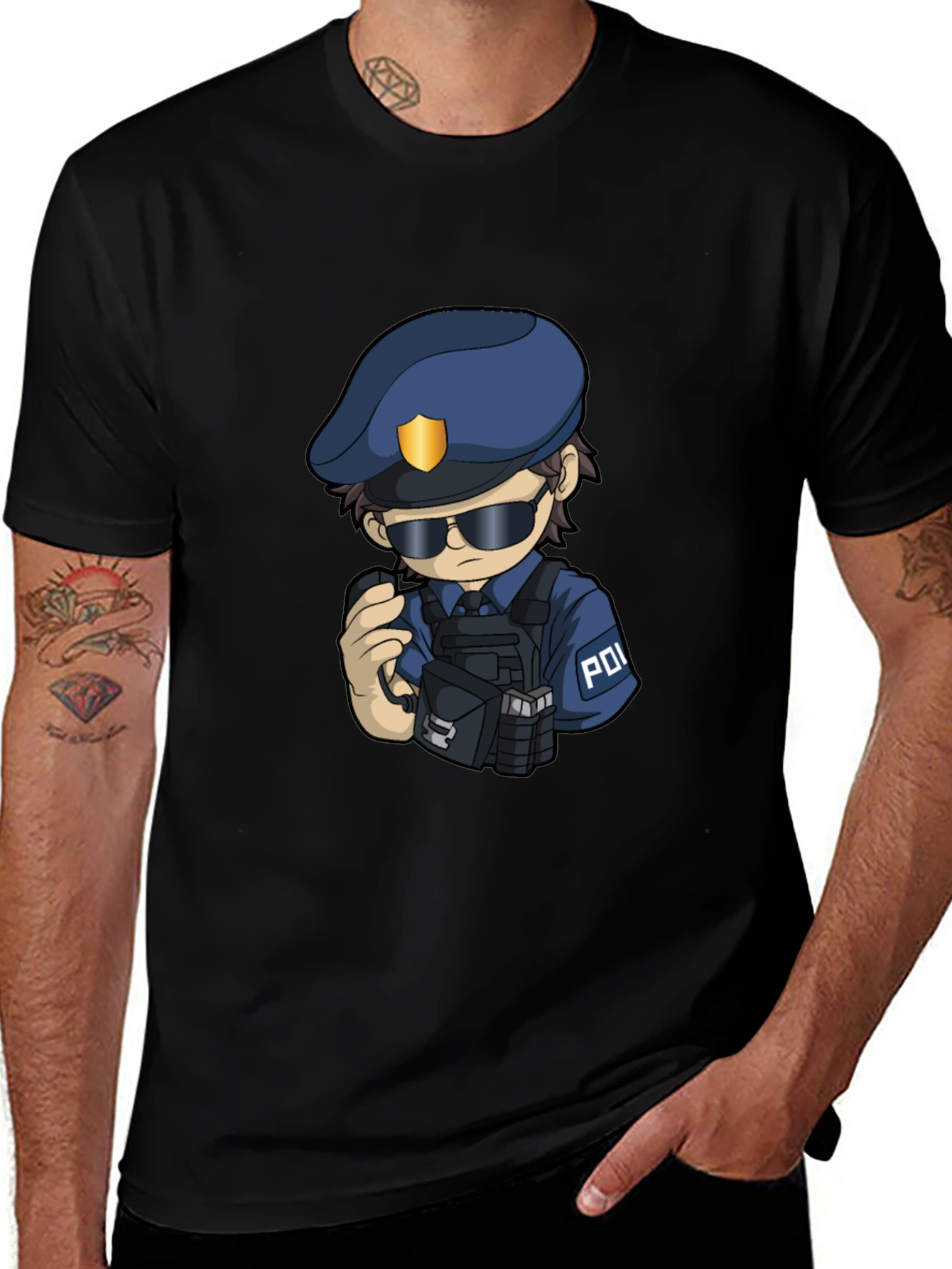 Police Cartoon Character Graphic Tee - Black