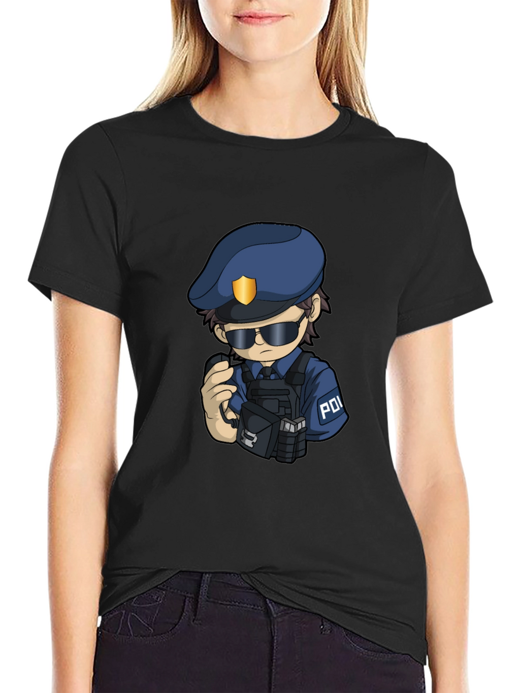 Police Cartoon Character Graphic Tee - Black