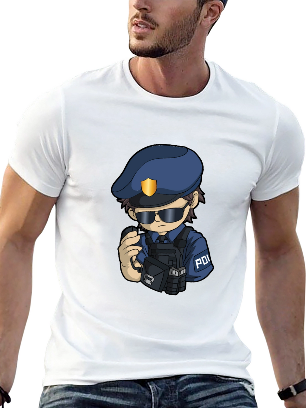 Police Cartoon Character Graphic Tee - Black