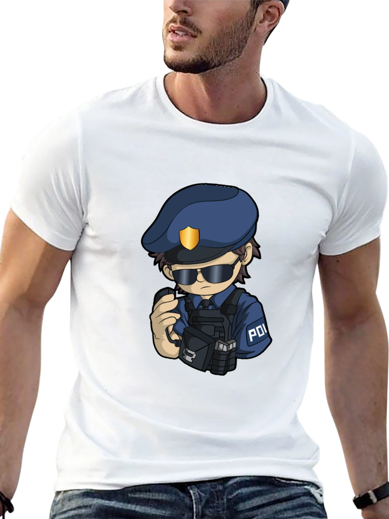 Police Cartoon Character Graphic Tee - Black