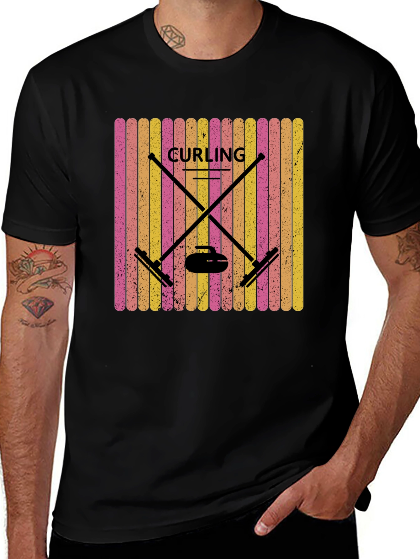 Retro Curling T-Shirt - Black Sports Graphic Tee