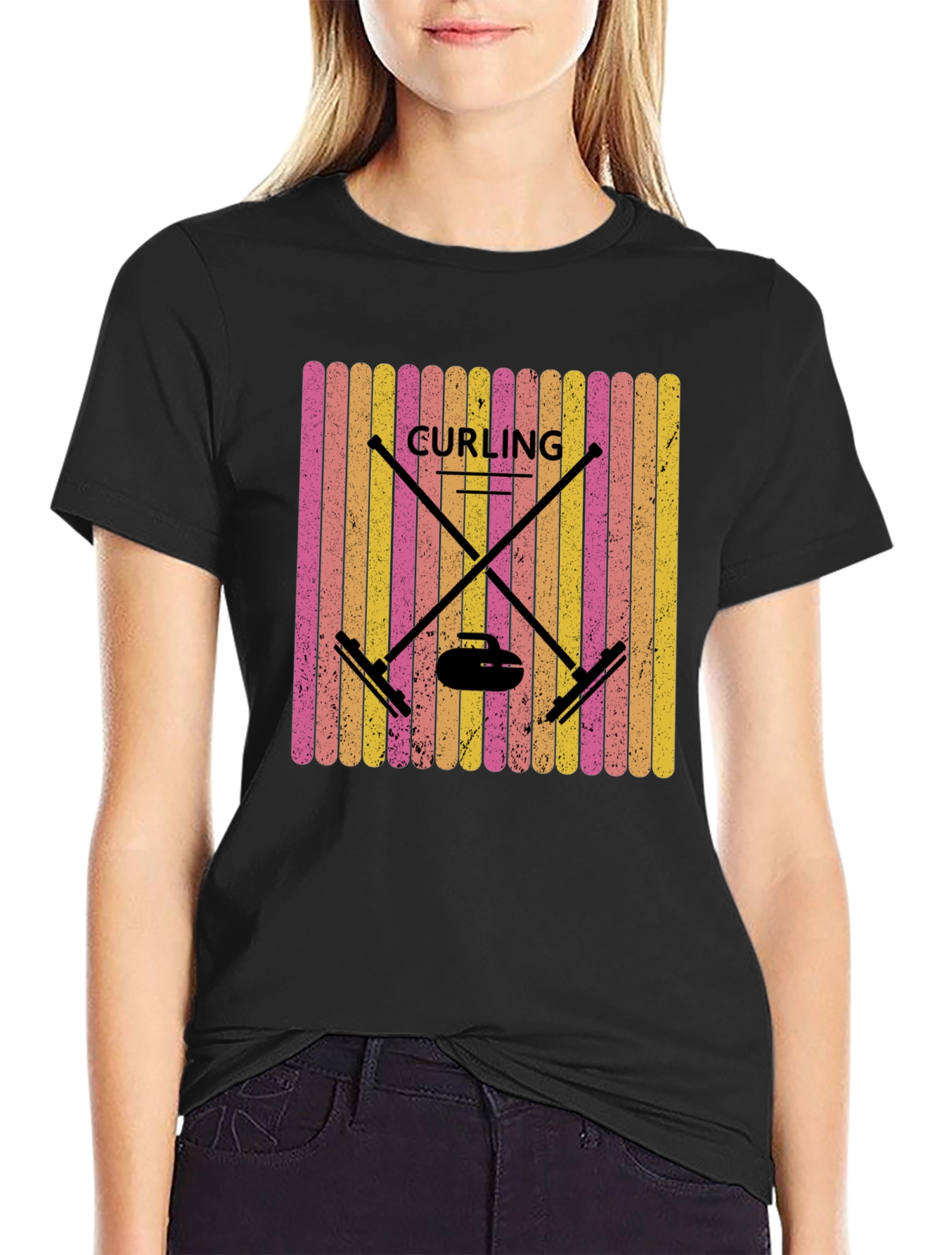 Retro Curling T-Shirt - Black Sports Graphic Tee