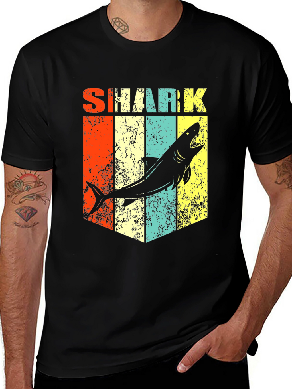 Retro Shark Graphic Tee - Stylish Mens Black T-Shirt