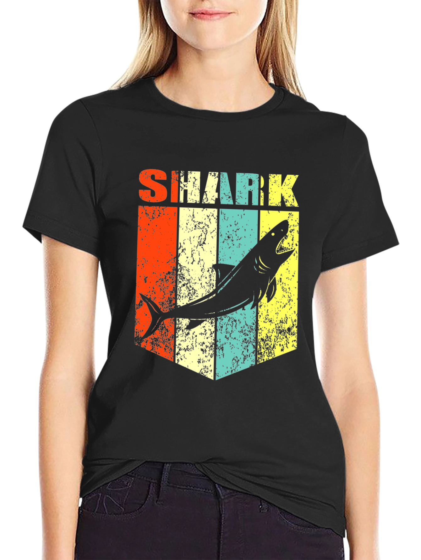 Retro Shark Graphic Tee - Stylish Mens Black T-Shirt
