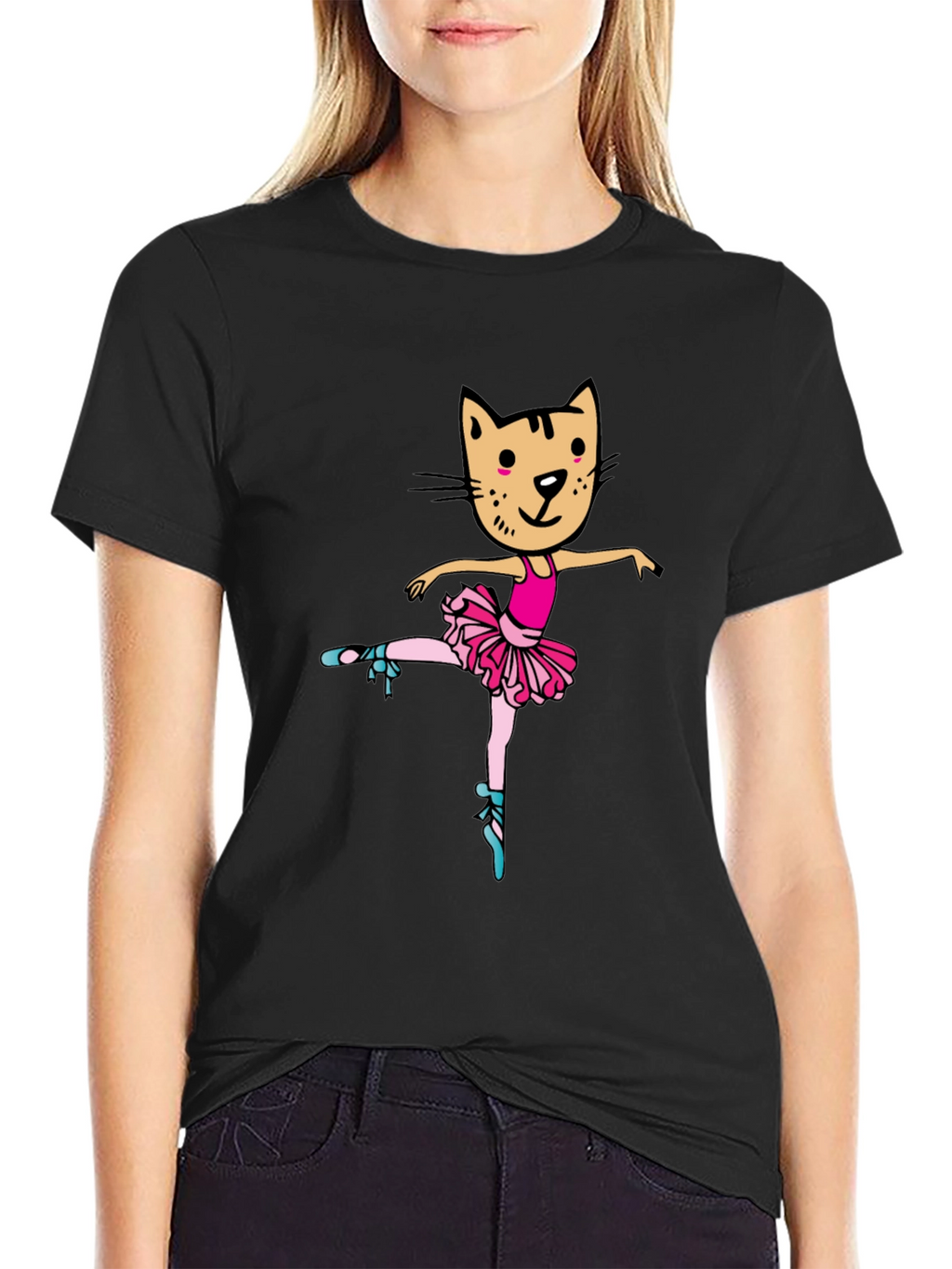 Cat Ballerina Graphic Tee - Black Unisex T-Shirt