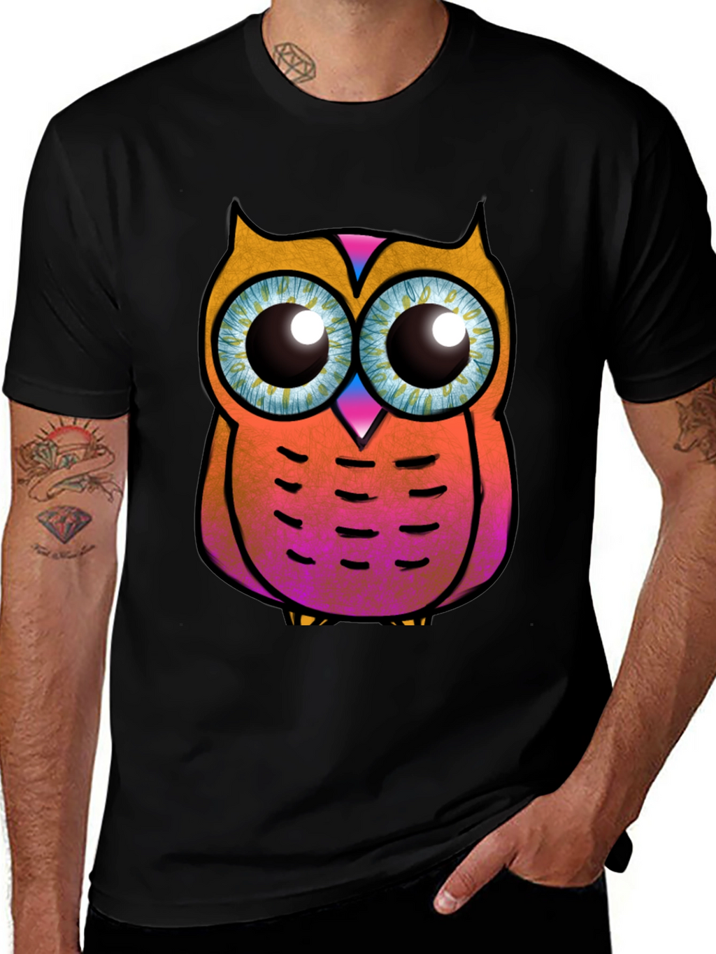 Funky Owl Graphic Tee - Black Cotton T-Shirt