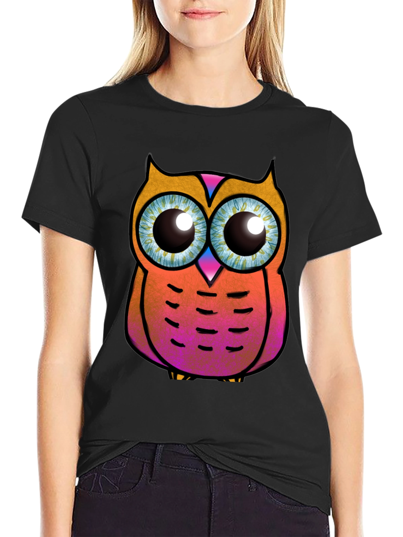 Funky Owl Graphic Tee - Black Cotton T-Shirt