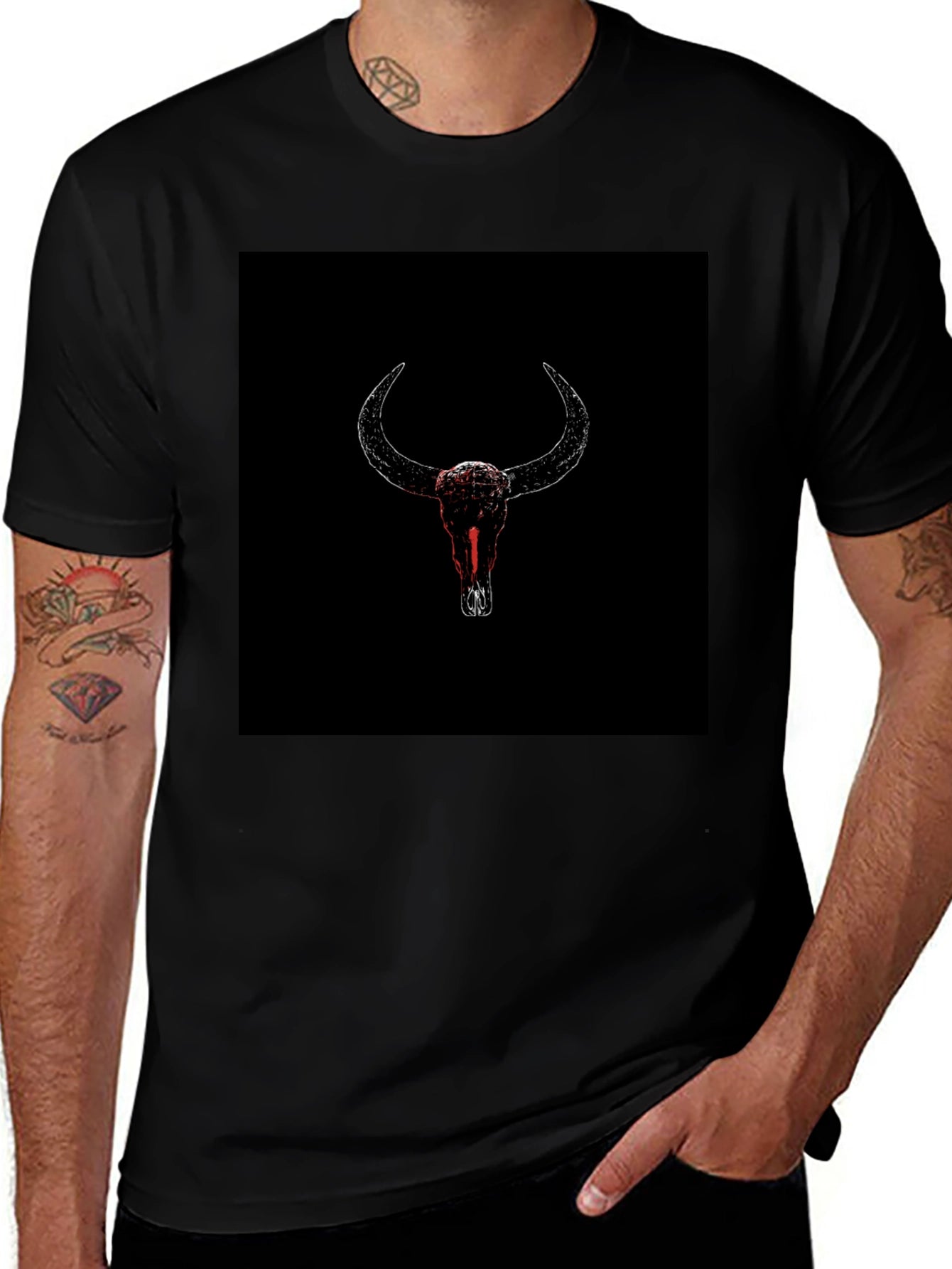 Black T-Shirt with Bull Skull Graphic
