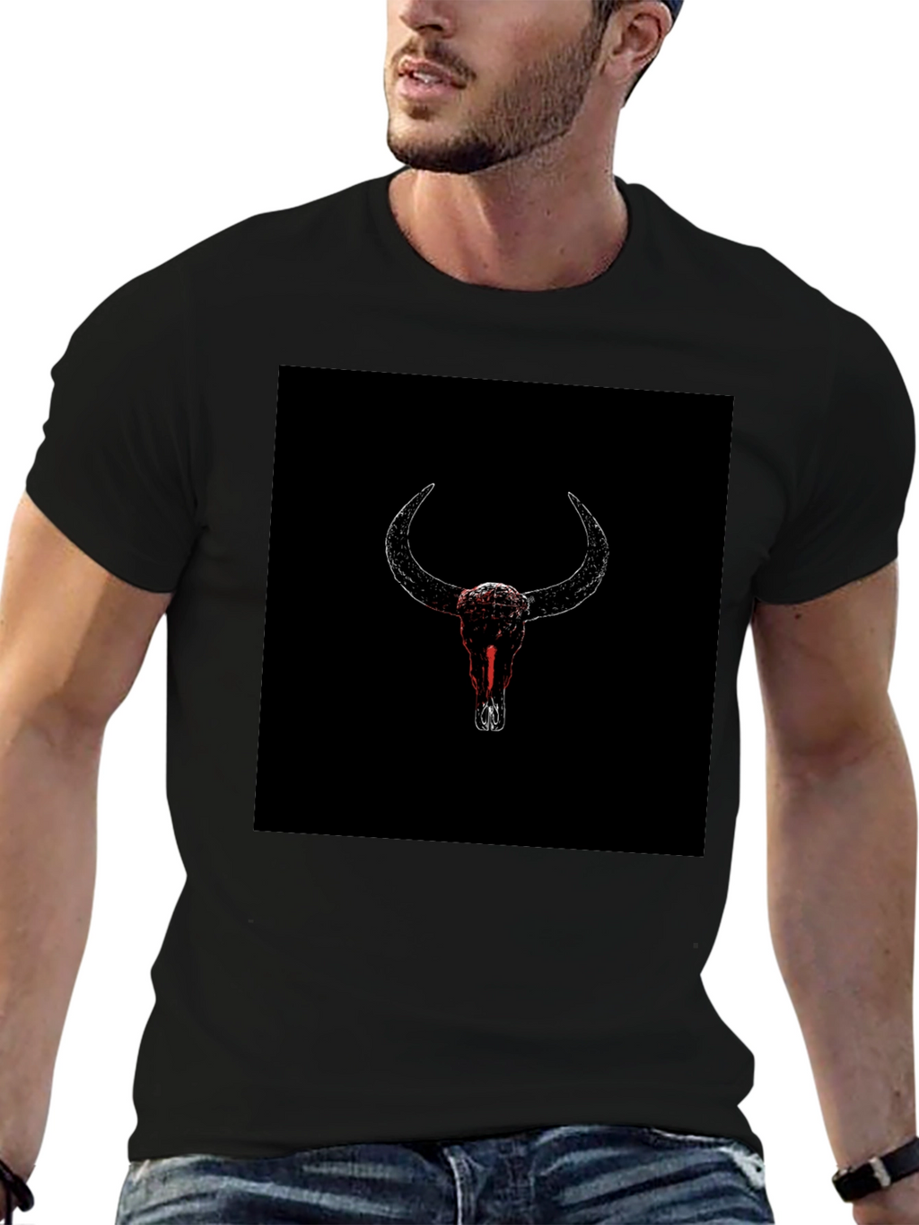 Black T-Shirt with Bull Skull Graphic