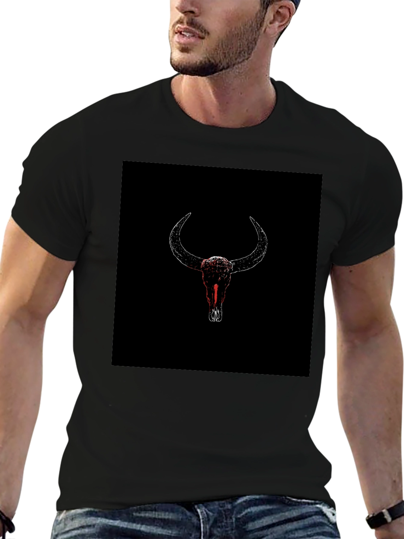 Black T-Shirt with Bull Skull Graphic