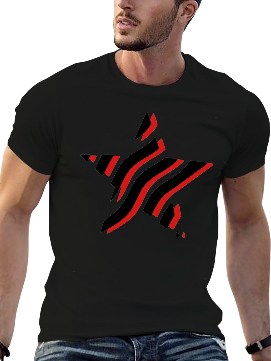 Stylish Black T-Shirt with Red Star Graphic Design