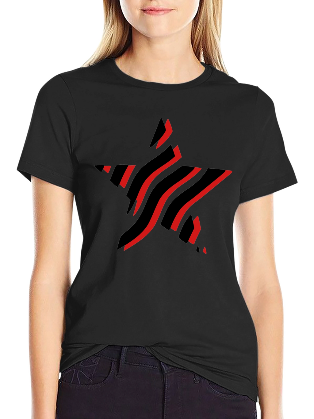 Stylish Black T-Shirt with Red Star Graphic Design