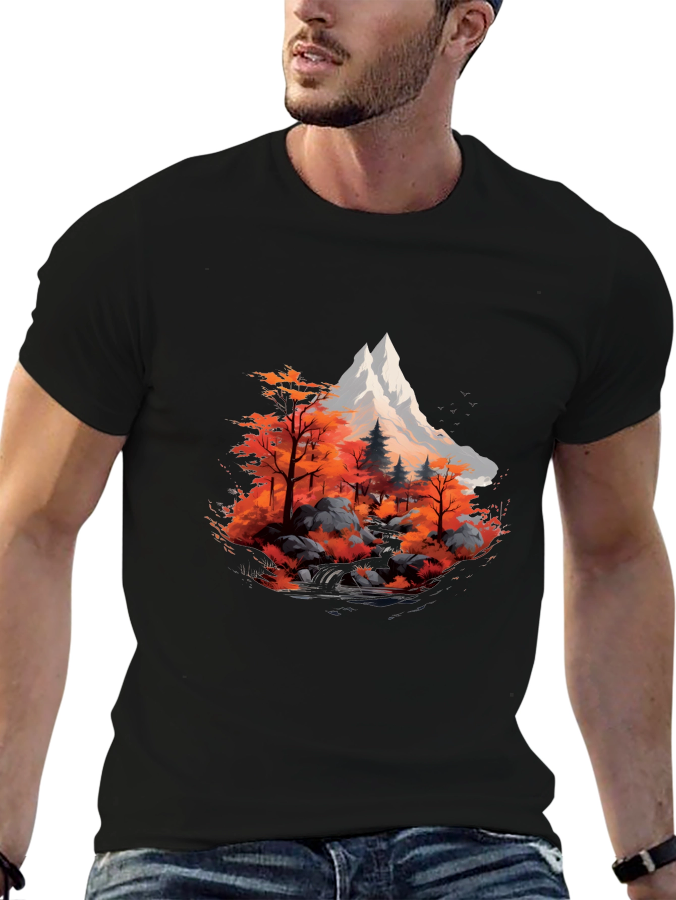Mountain & Autumn Forest Graphic Black Tee
