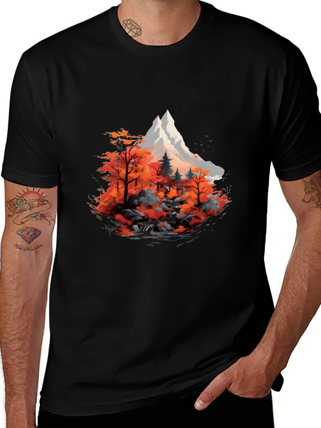 Mountain & Autumn Forest Graphic Black Tee