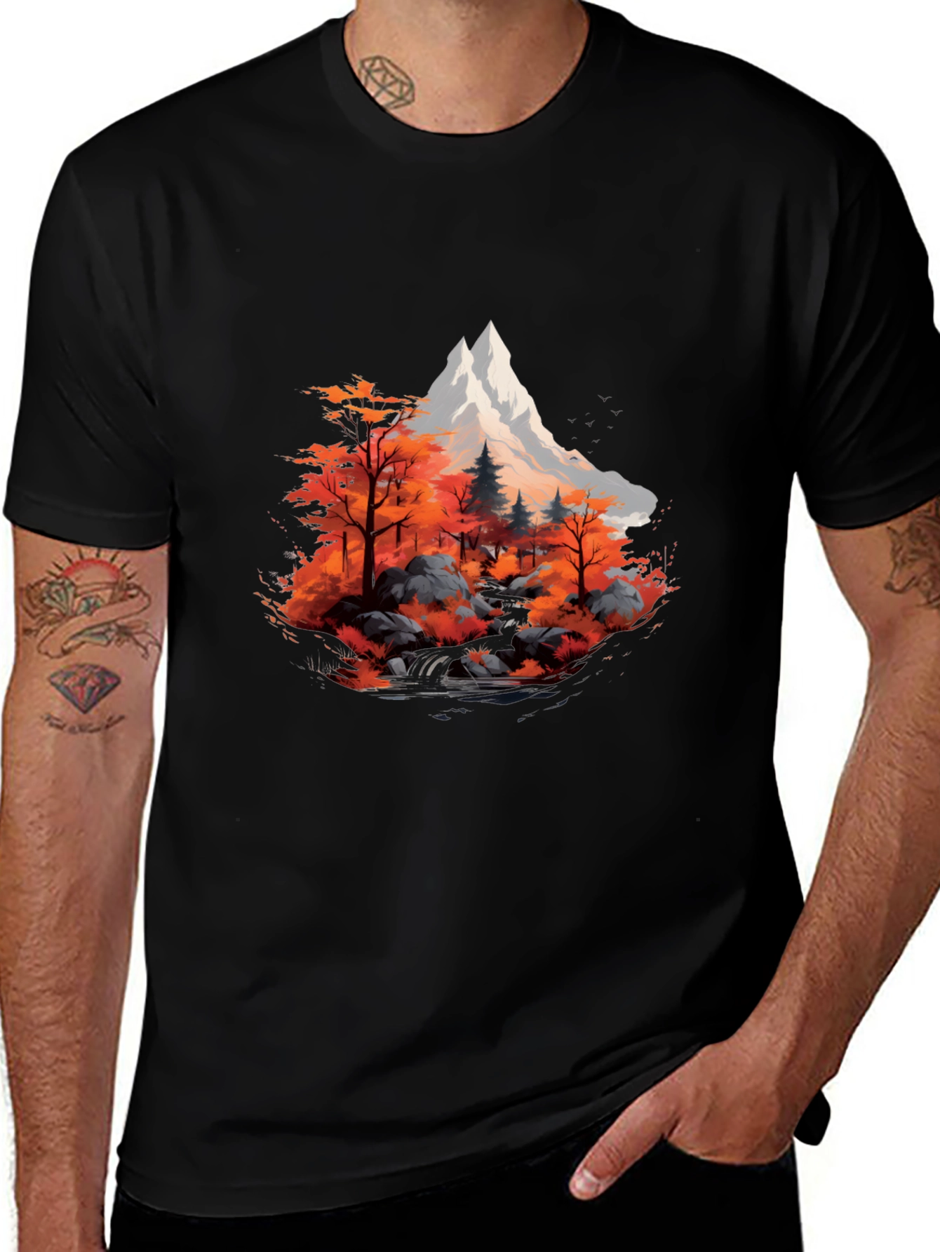 Mountain & Autumn Forest Graphic Black Tee