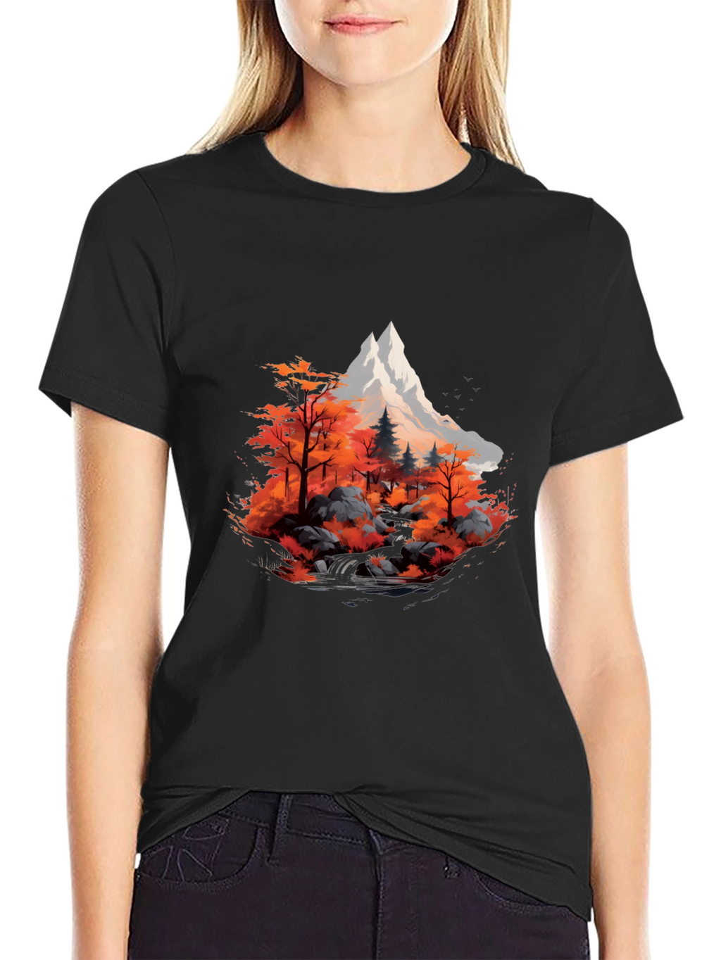 Mountain & Autumn Forest Graphic Black Tee