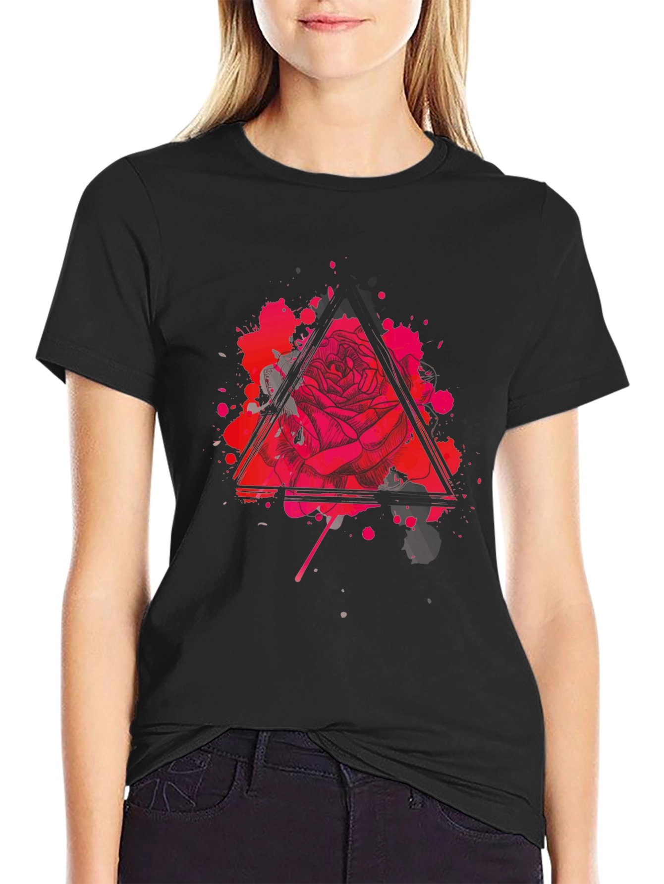 Rose Triangle Graphic Black T-Shirt