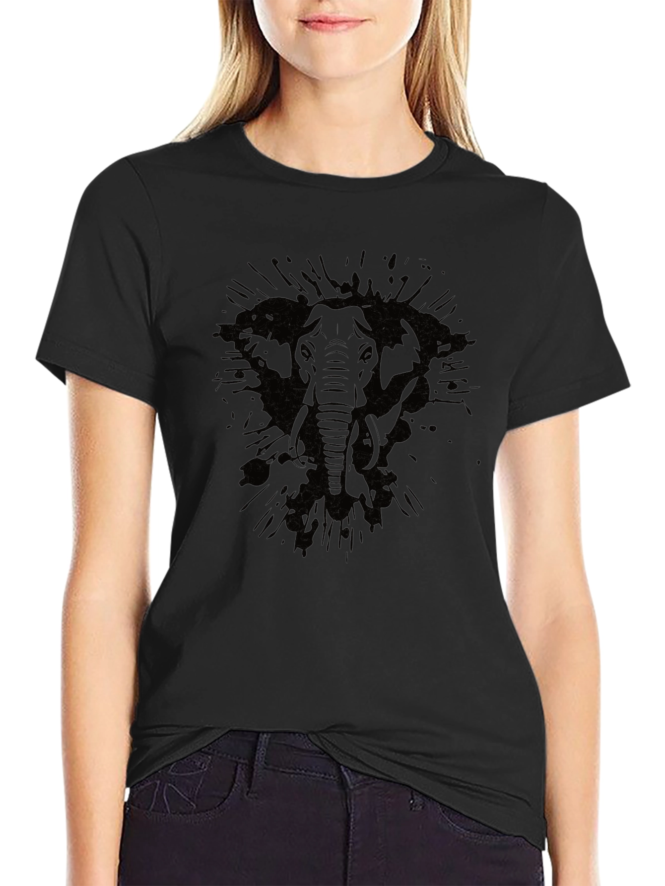 Elephant Splash Print Black T-Shirt