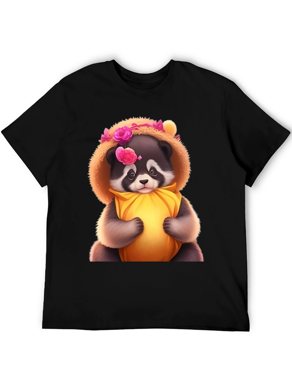 Cute Raccoon in Floral Hood T-Shirt