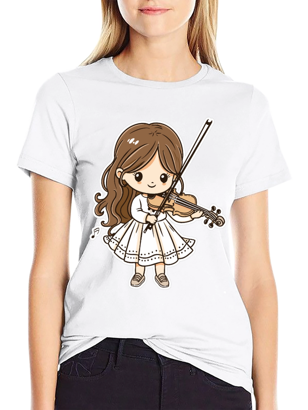 Cartoon Girl Violinist Graphic Tee - Black