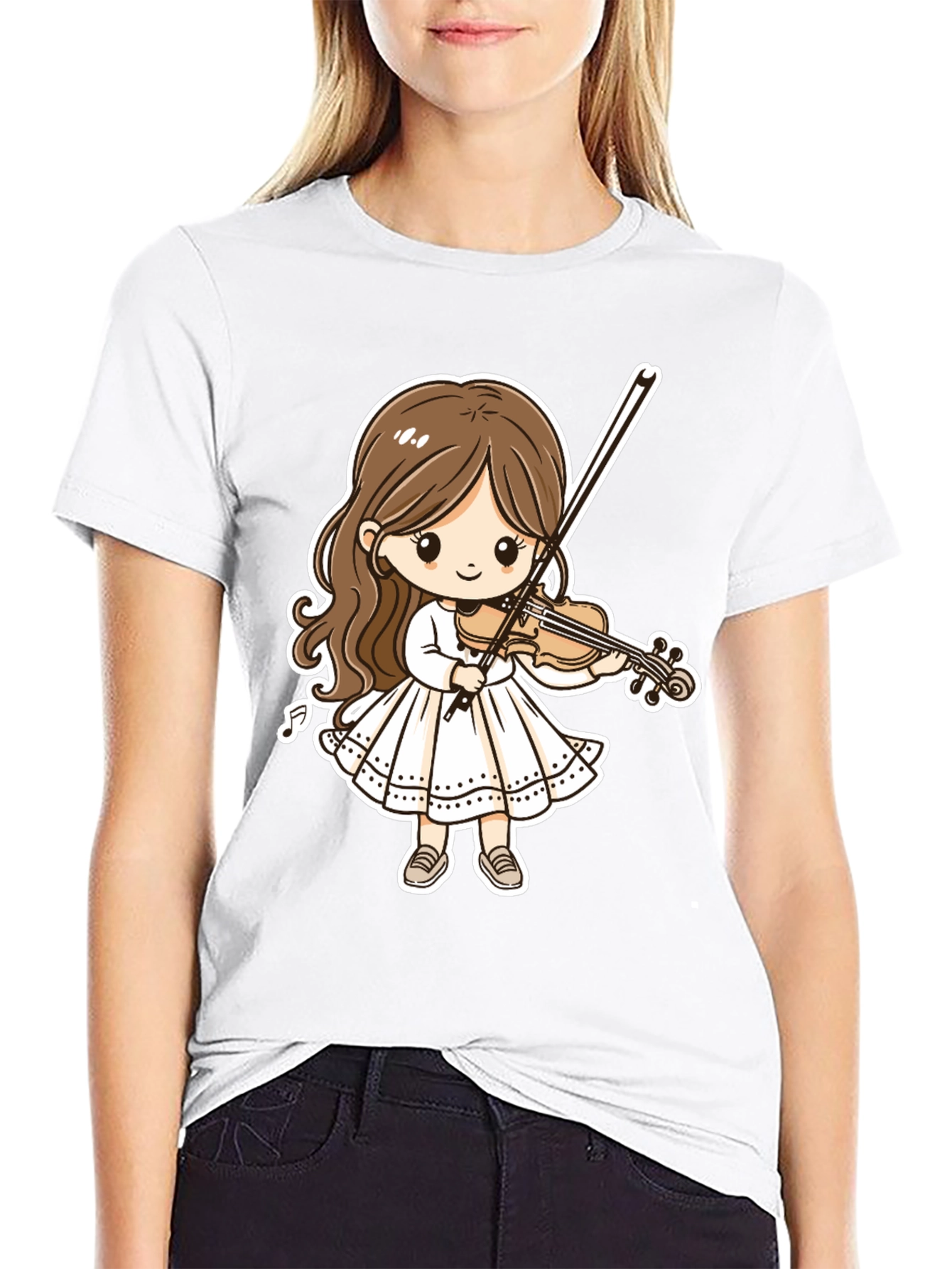 Cartoon Girl Violinist Graphic Tee - Black