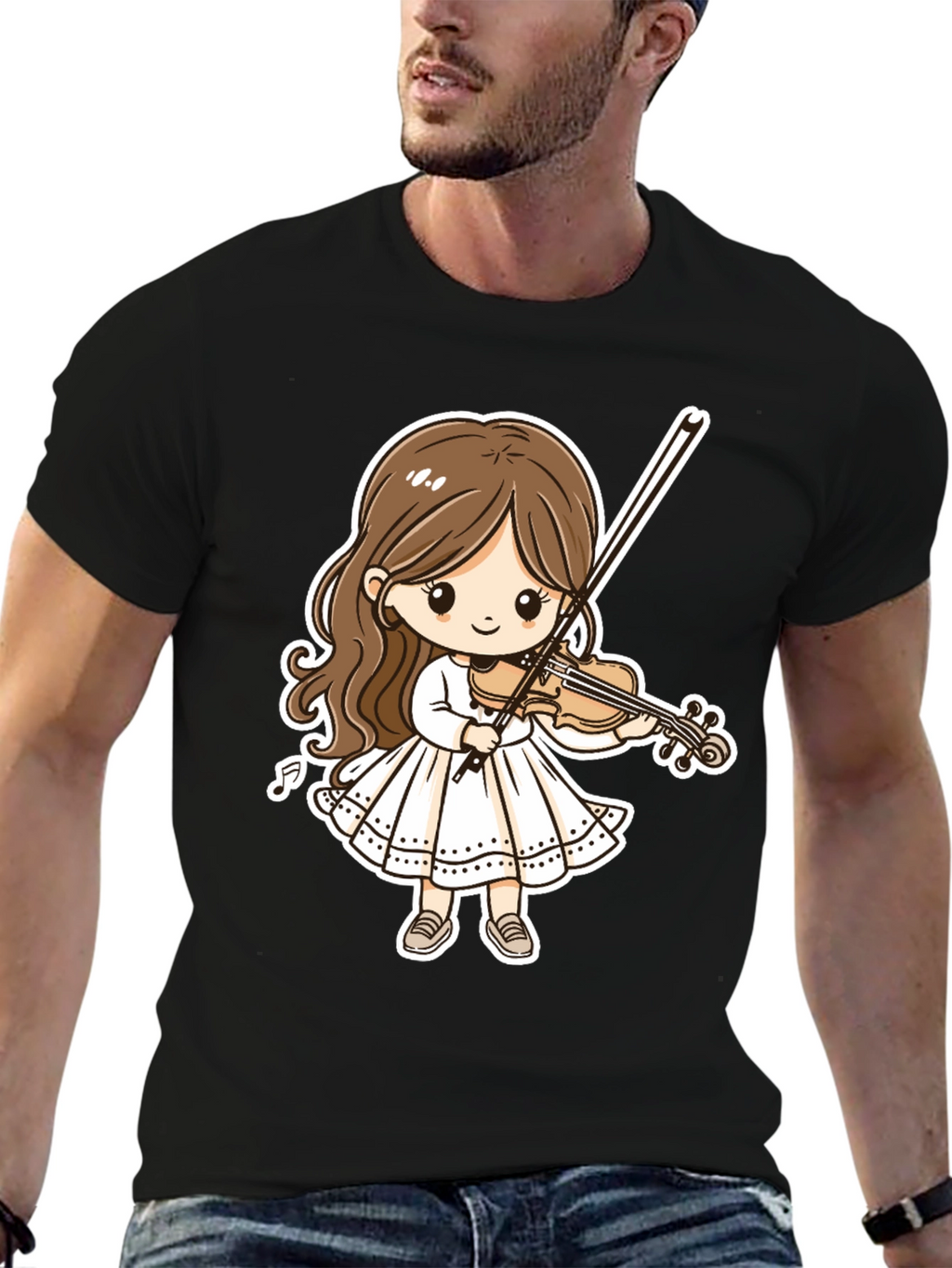 Cartoon Girl Violinist Graphic Tee - Black