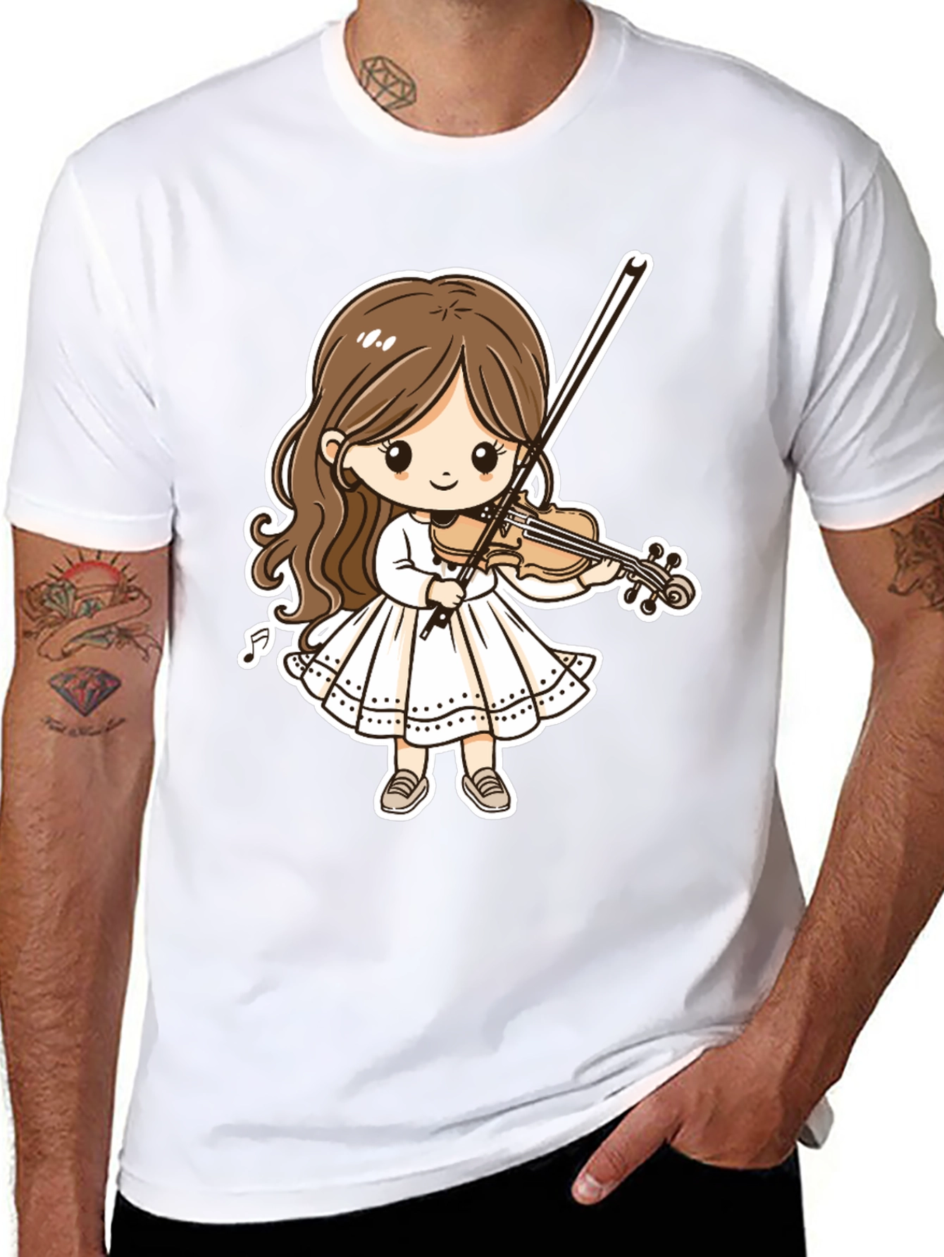 Cartoon Girl Violinist Graphic Tee - Black