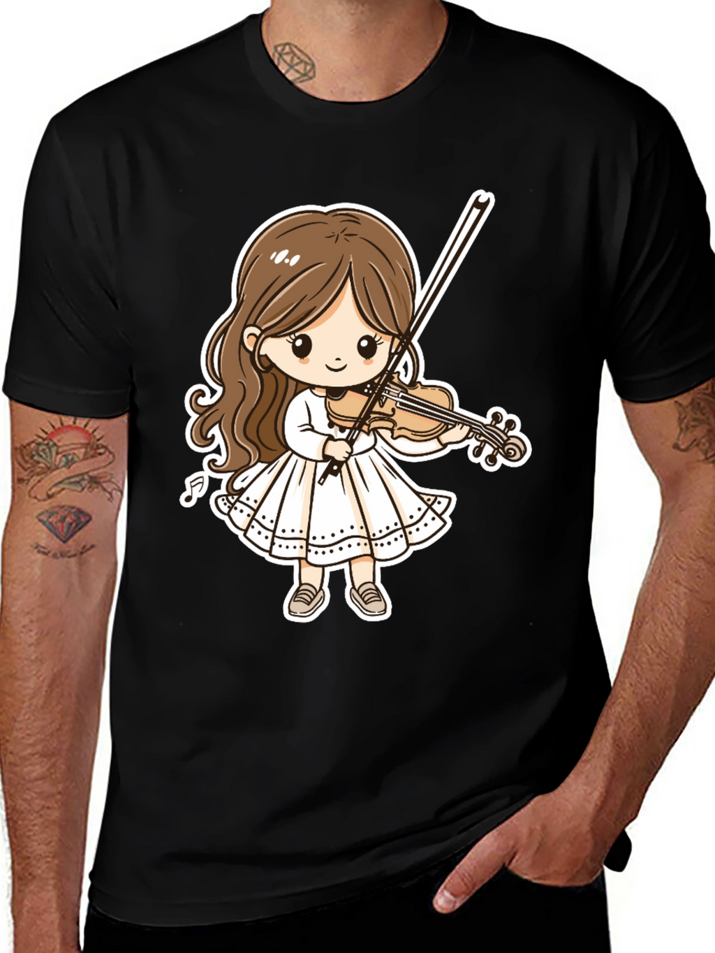 Cartoon Girl Violinist Graphic Tee - Black