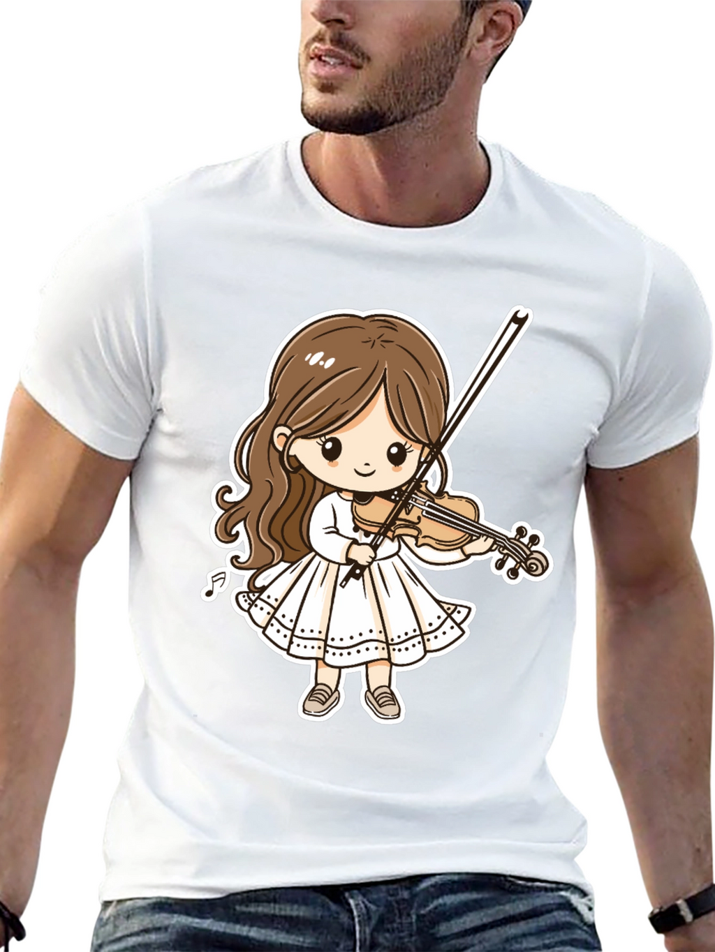 Cartoon Girl Violinist Graphic Tee - Black