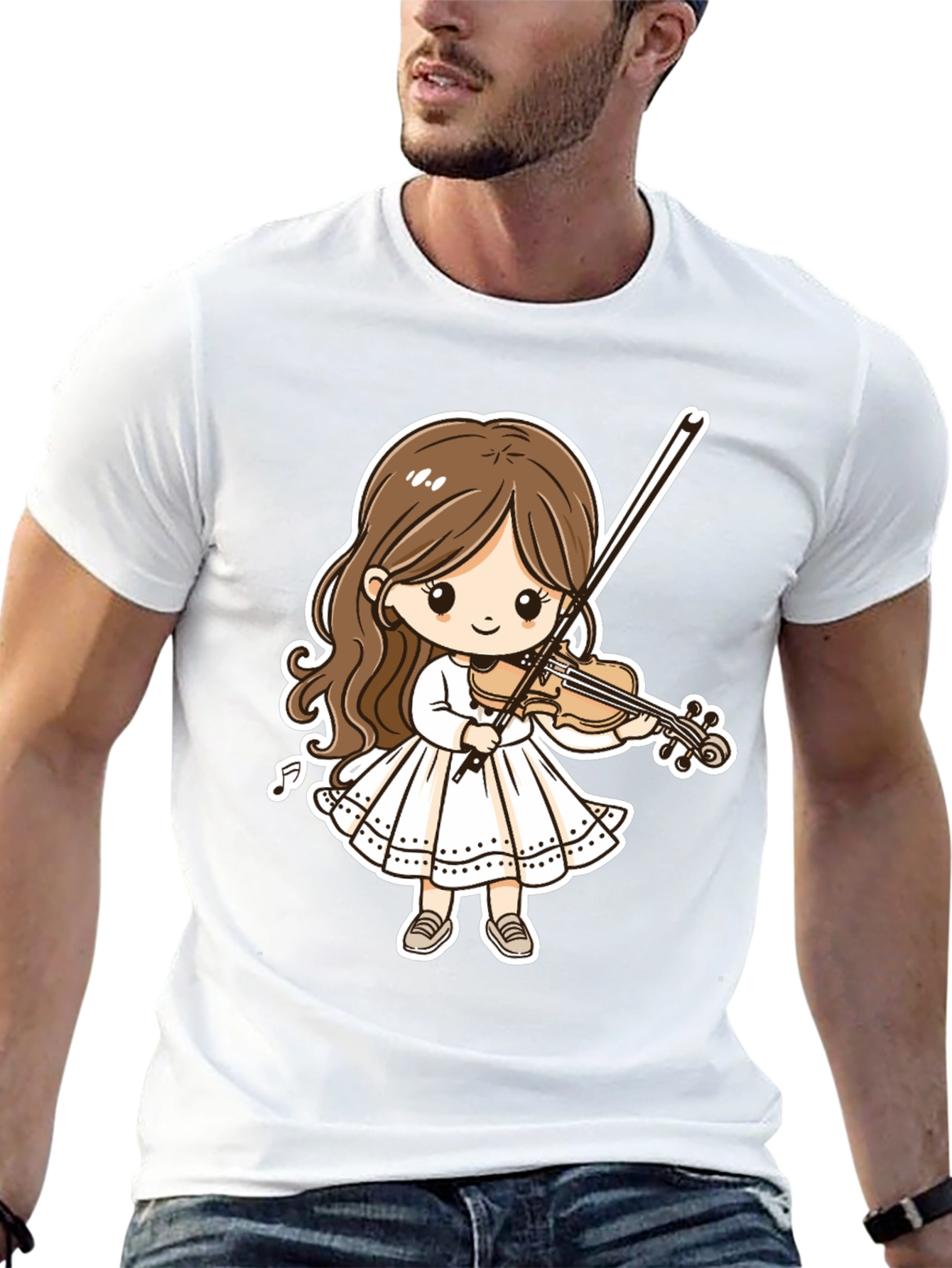Cartoon Girl Violinist Graphic Tee - Black