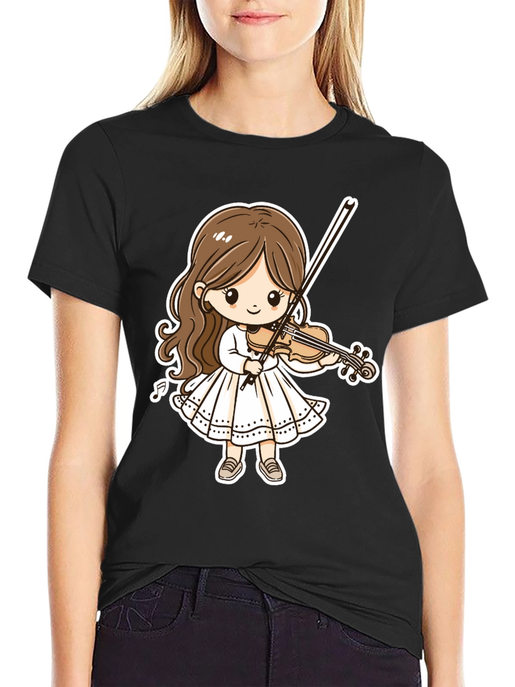 Cartoon Girl Violinist Graphic Tee - Black