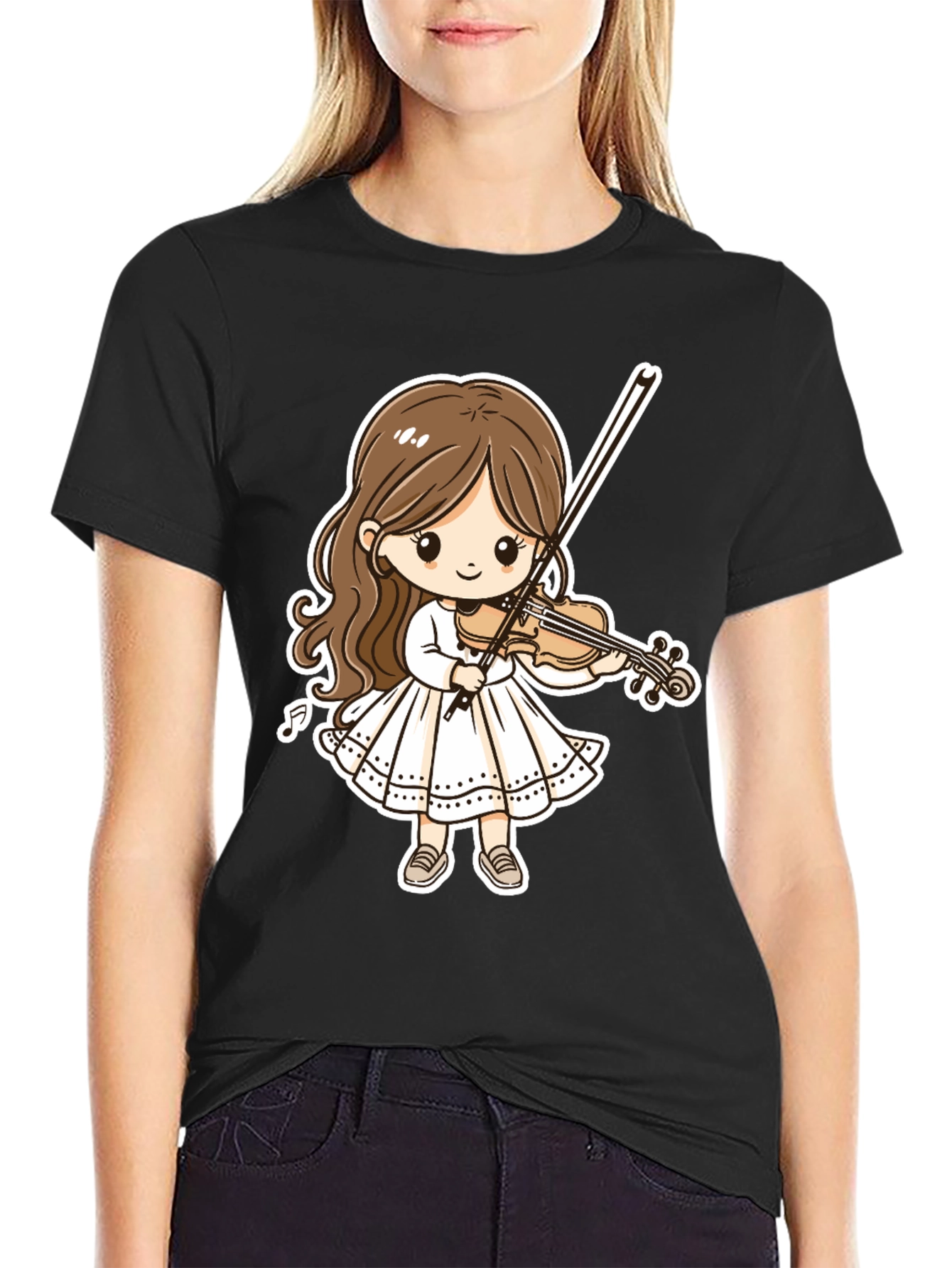 Cartoon Girl Violinist Graphic Tee - Black