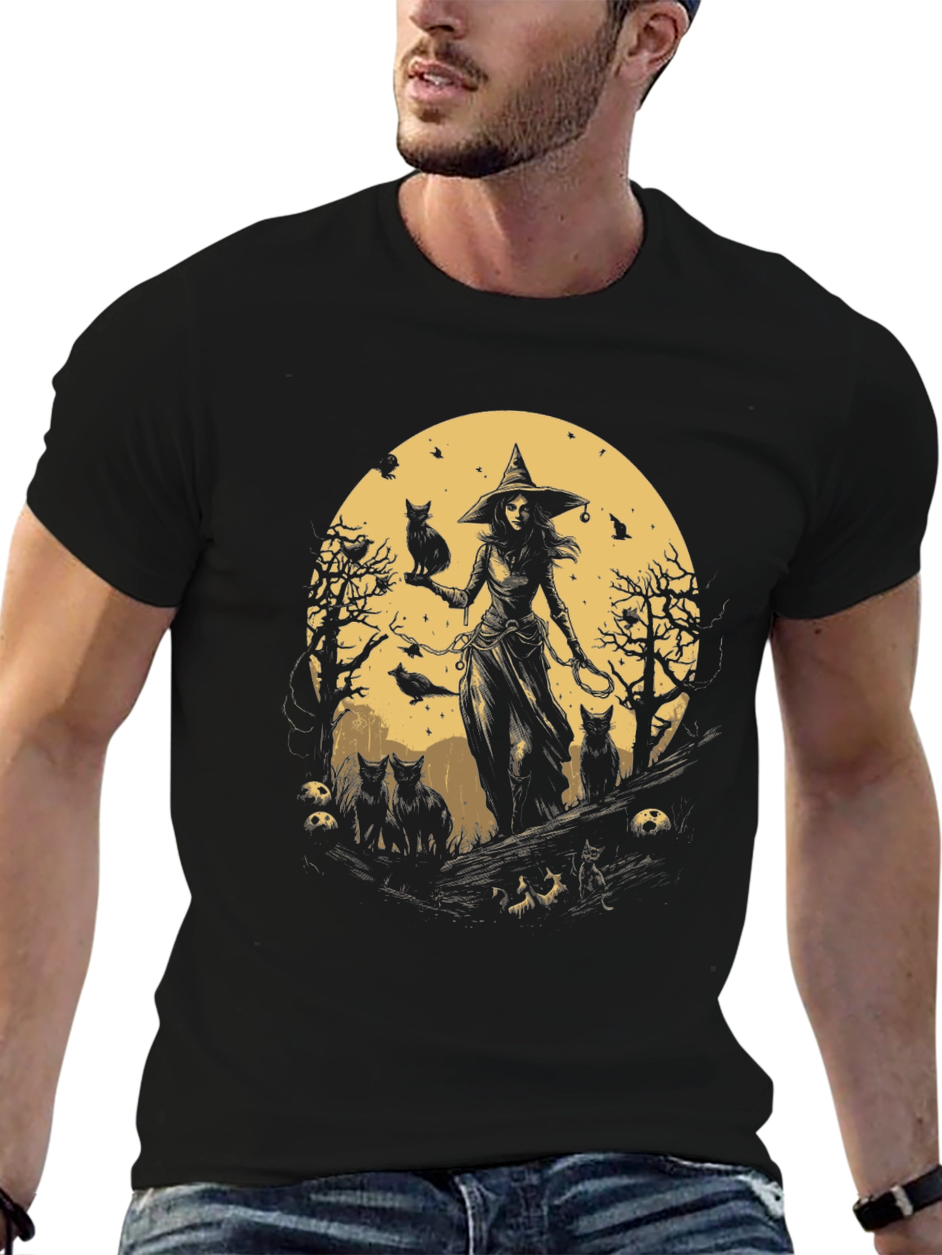 Witch & Cats Graphic Tee - Halloween Style