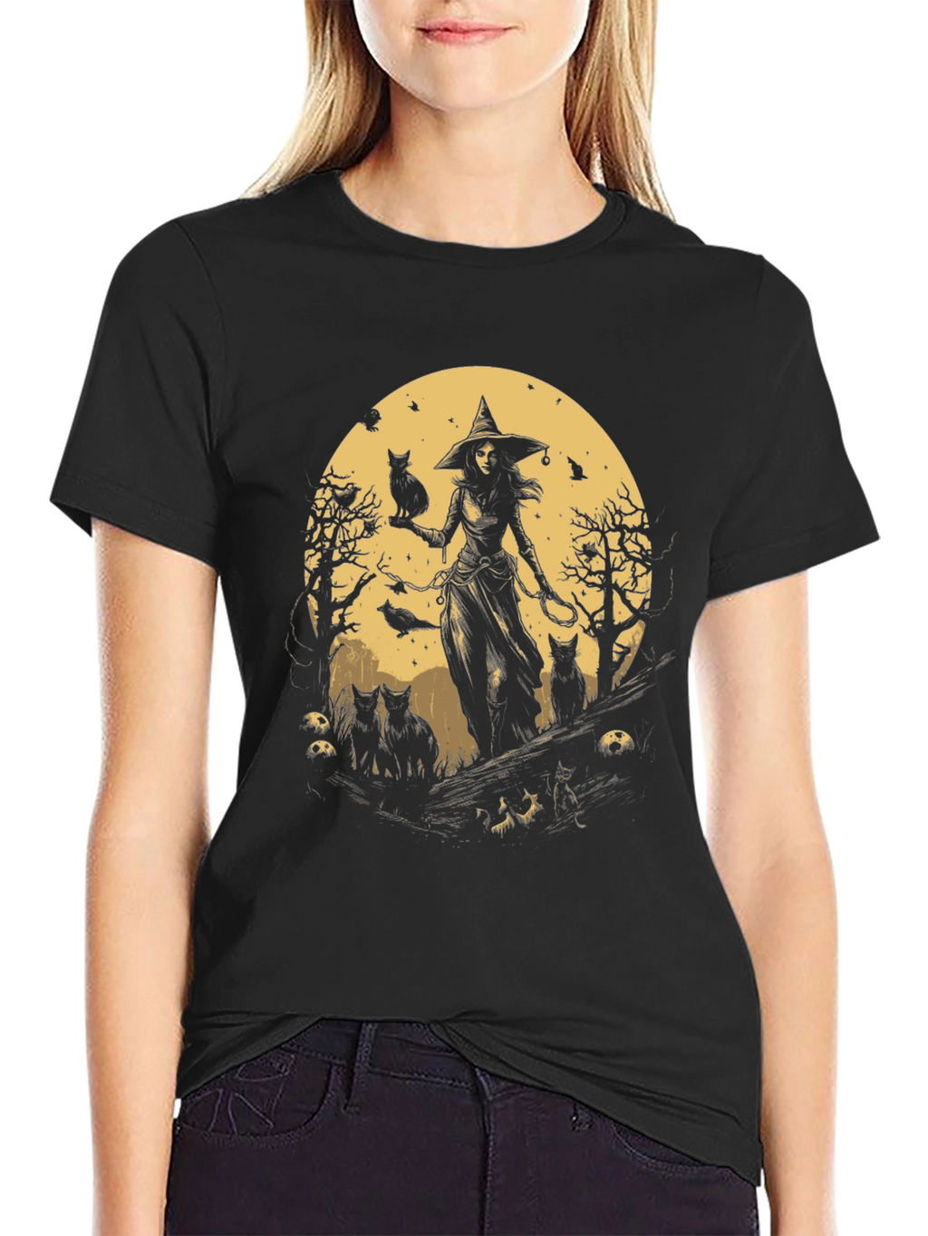 Witch & Cats Graphic Tee - Halloween Style