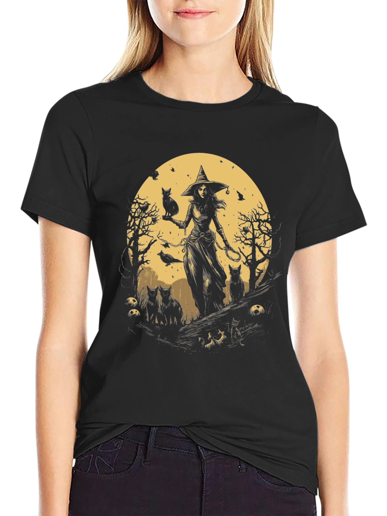 Witch & Cats Graphic Tee - Halloween Style