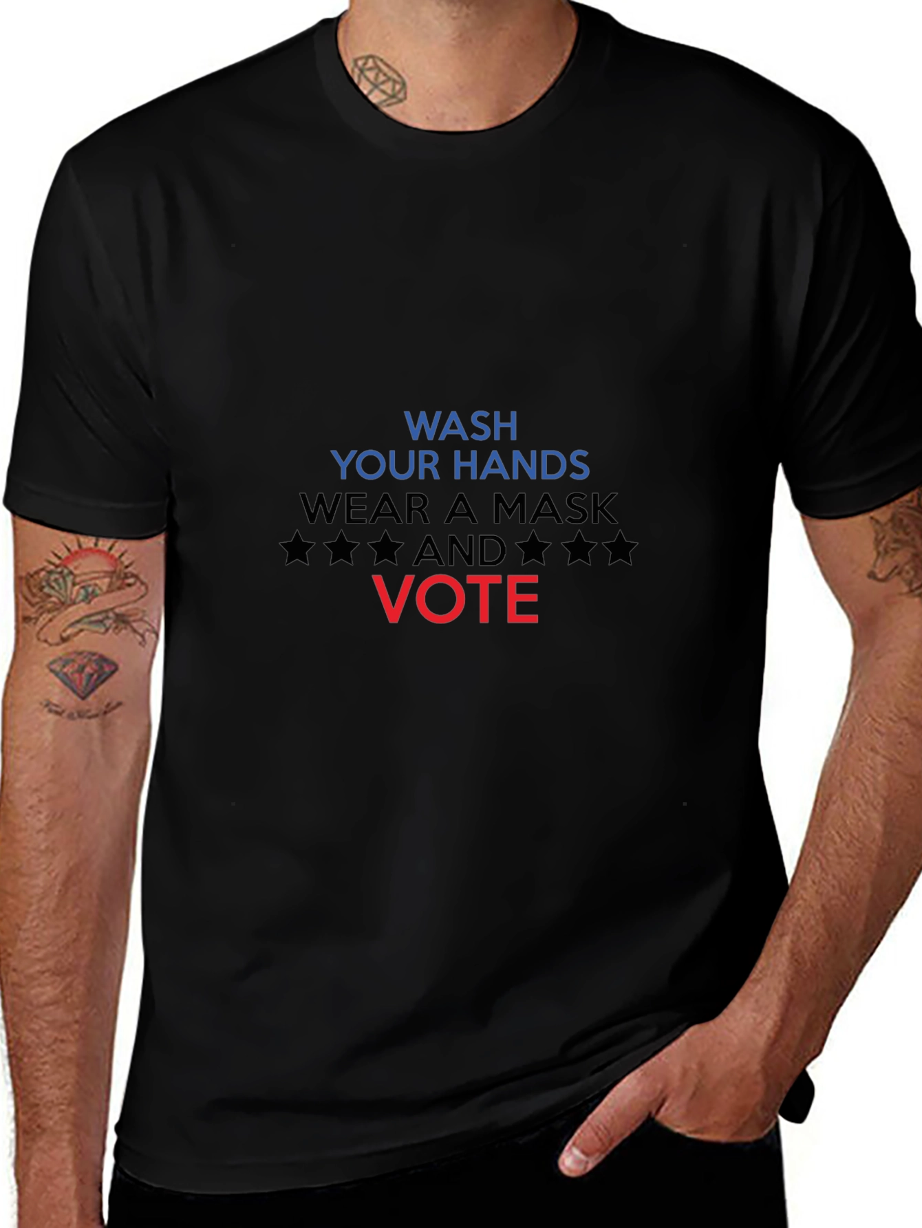 Wash Hands Wear Mask Vote Black T-Shirt