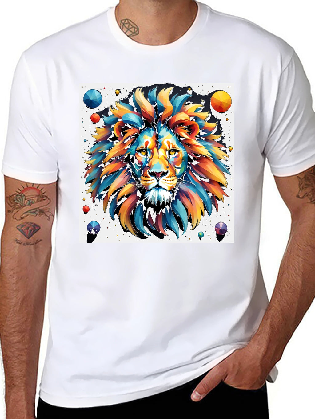 Vibrant Lion Graphic Tee - Artistic Mens Black T-Shirt