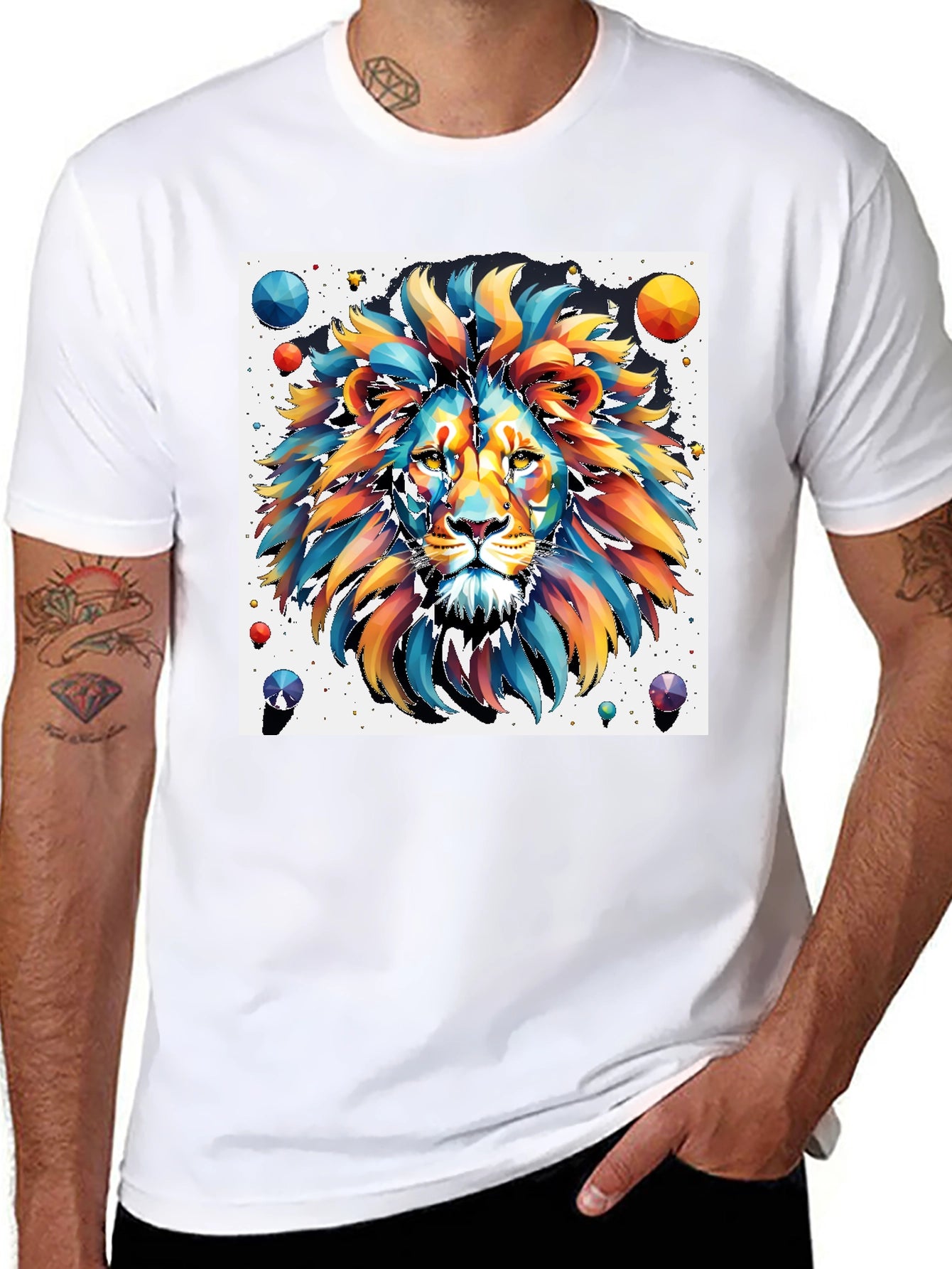 Vibrant Lion Graphic Tee - Artistic Mens Black T-Shirt