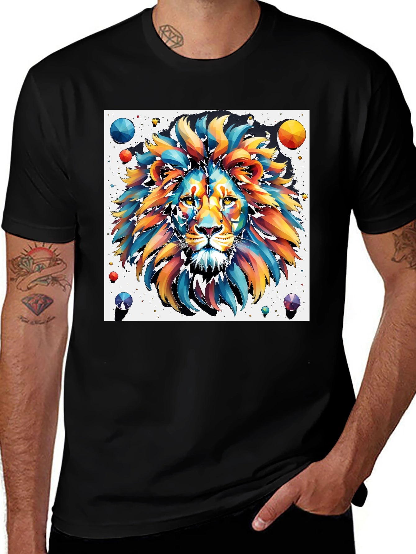 Vibrant Lion Graphic Tee - Artistic Mens Black T-Shirt