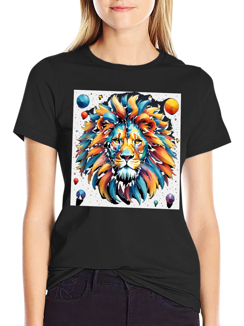 Vibrant Lion Graphic Tee - Artistic Mens Black T-Shirt
