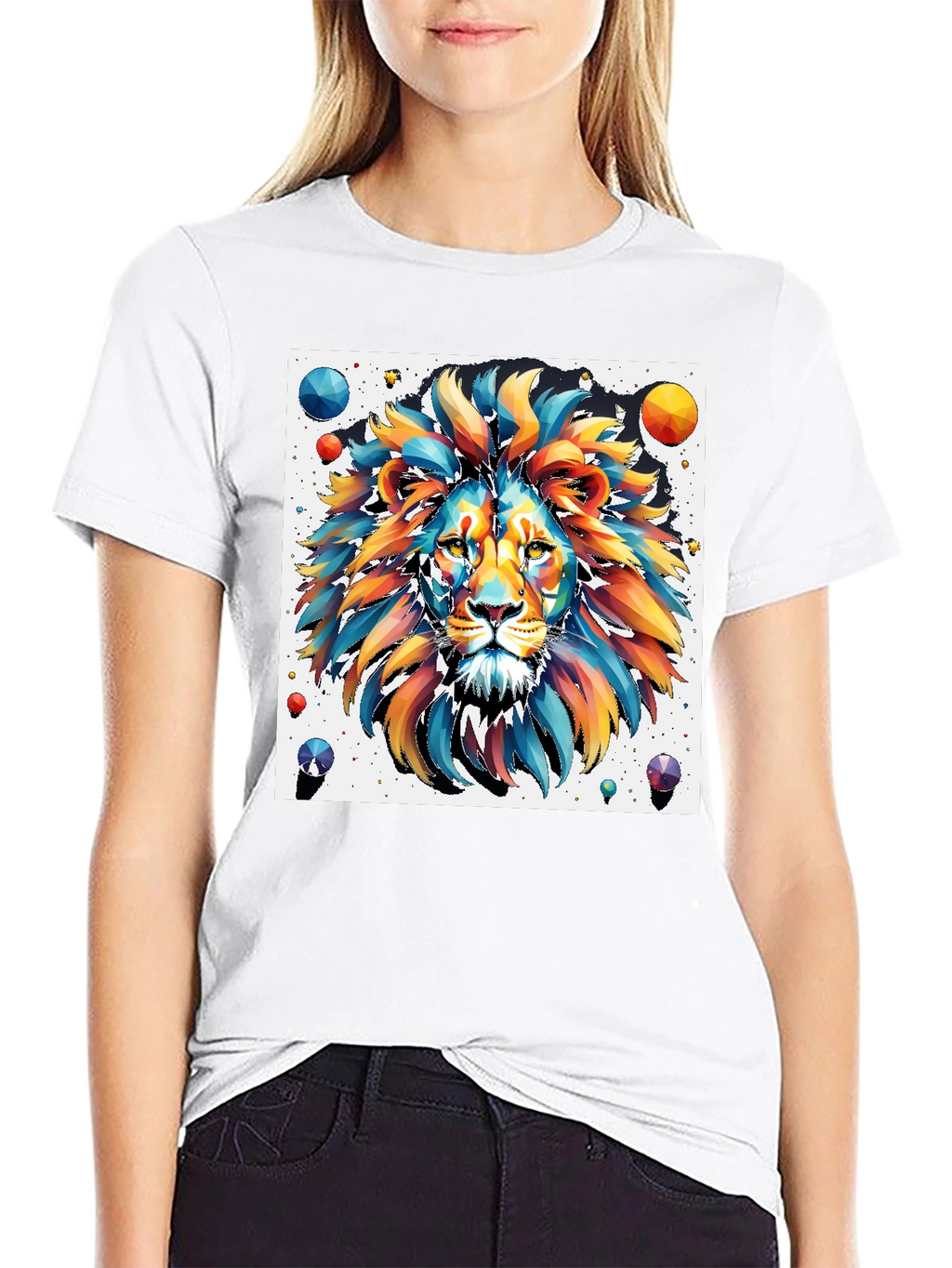 Vibrant Lion Graphic Tee - Artistic Mens Black T-Shirt