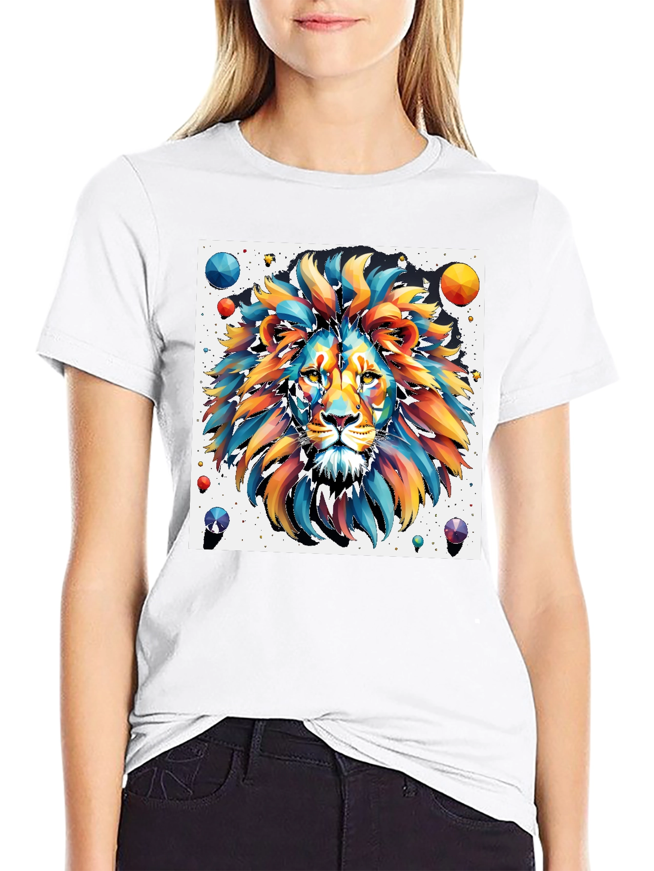 Vibrant Lion Graphic Tee - Artistic Mens Black T-Shirt