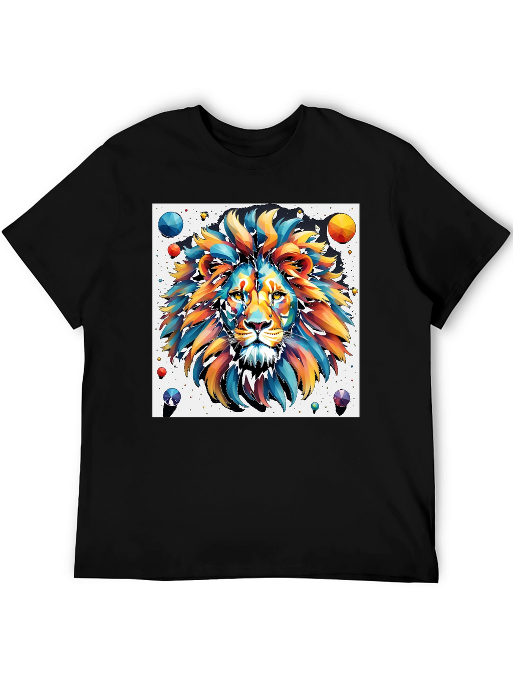 Vibrant Lion Graphic Tee - Artistic Mens Black T-Shirt