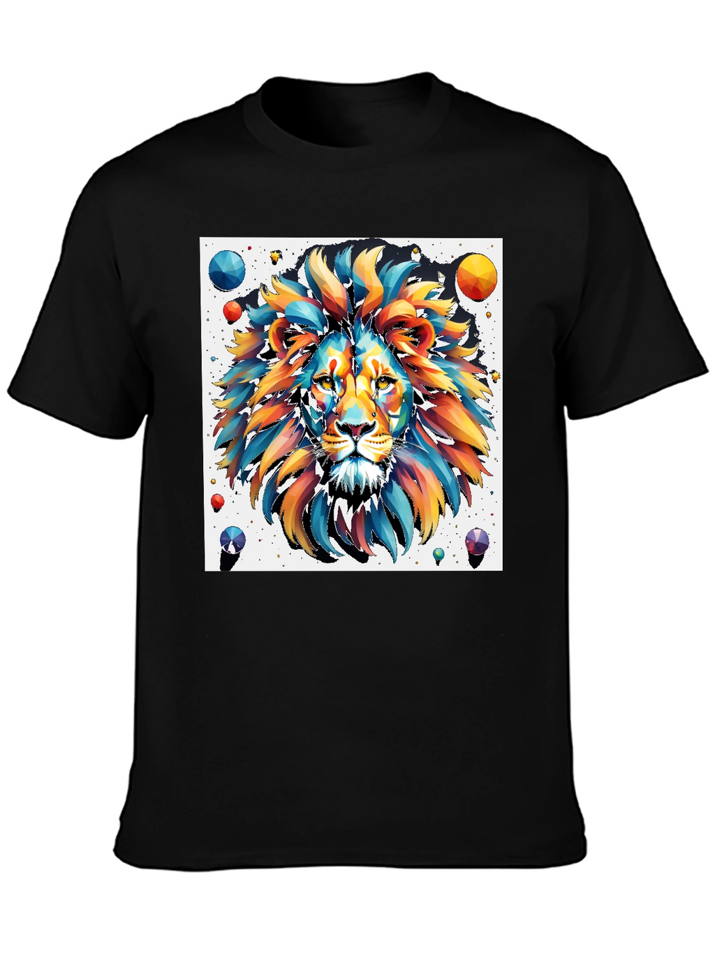 Vibrant Lion Graphic Tee - Artistic Mens Black T-Shirt