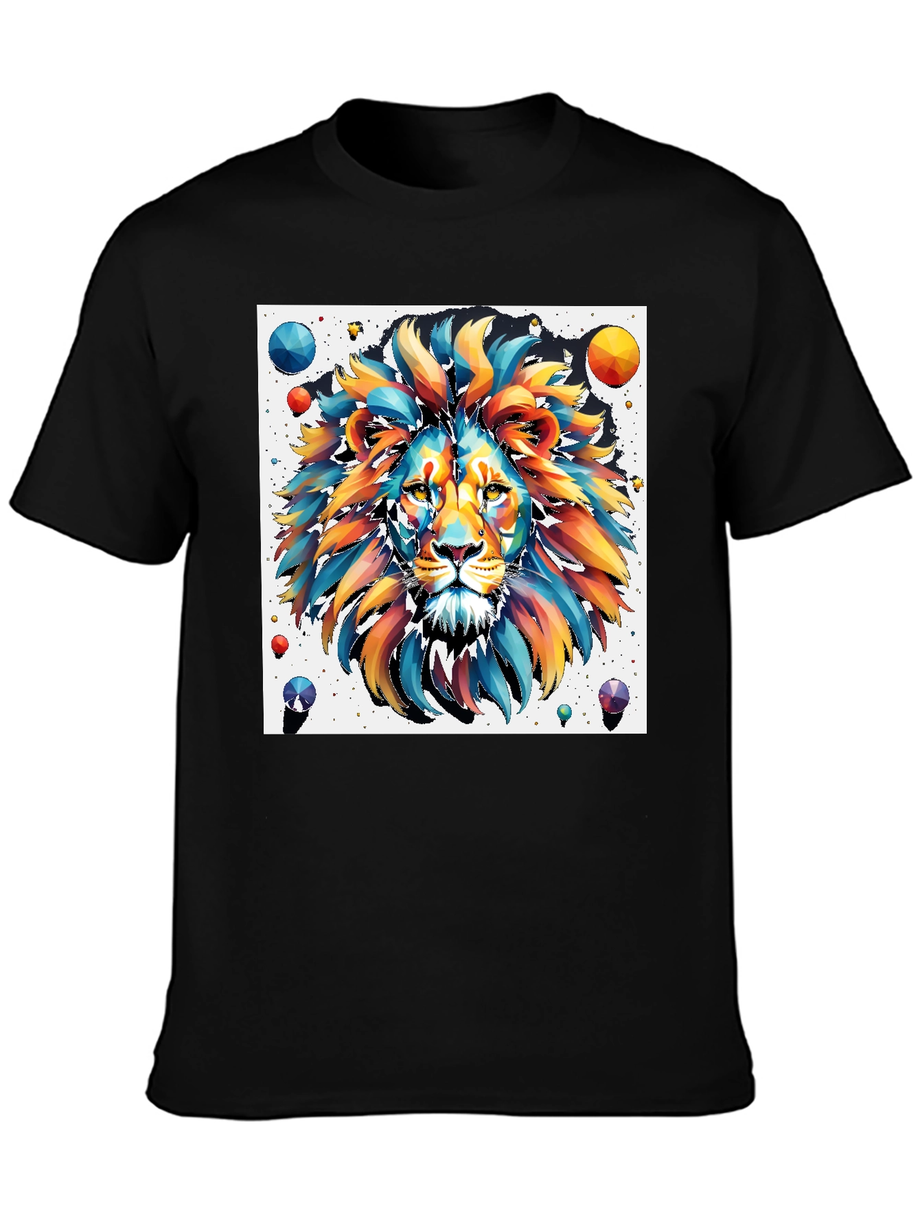 Vibrant Lion Graphic Tee - Artistic Mens Black T-Shirt