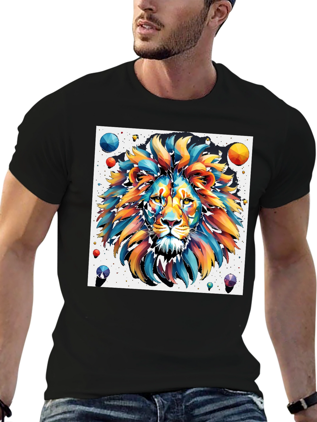 Vibrant Lion Graphic Tee - Artistic Mens Black T-Shirt