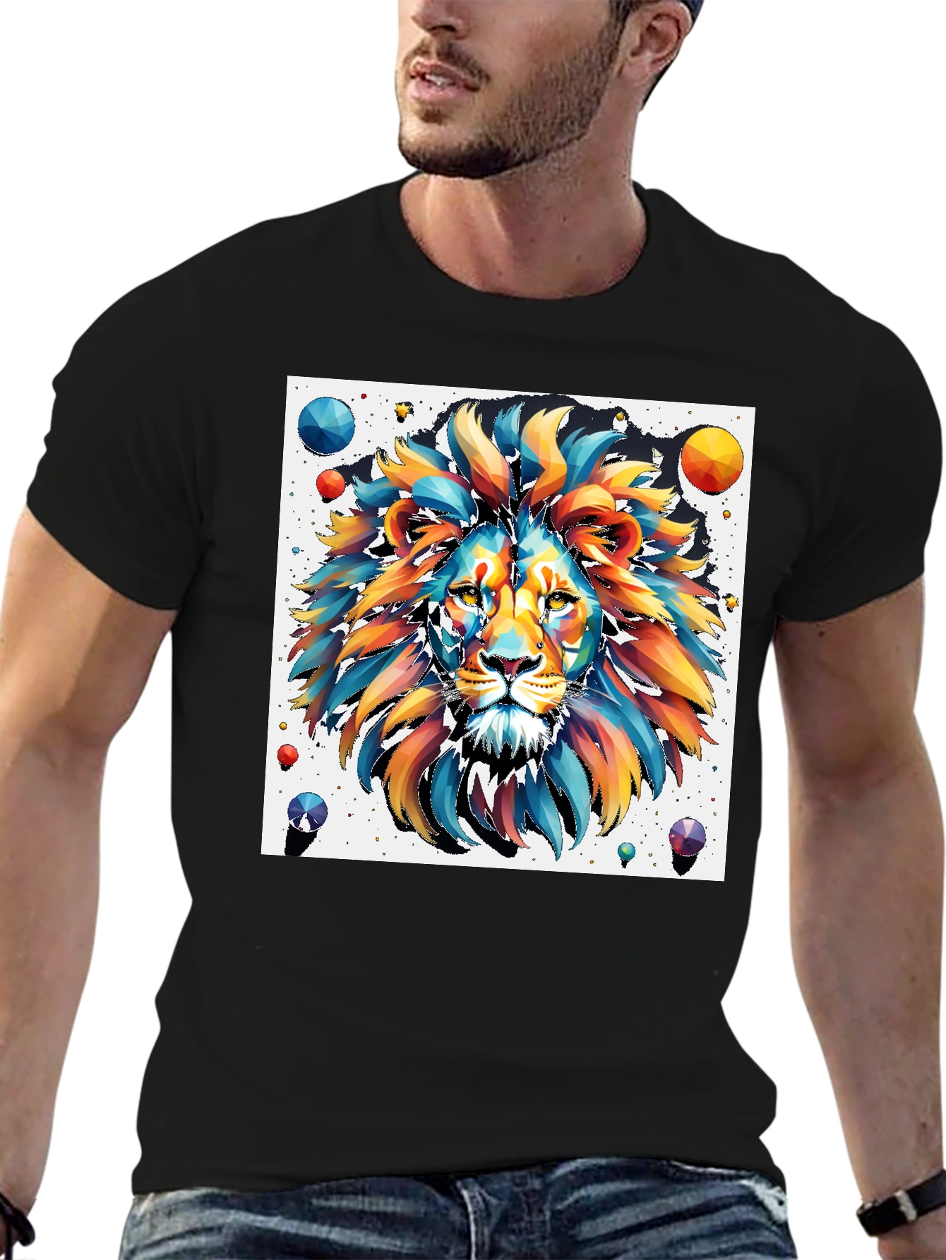 Vibrant Lion Graphic Tee - Artistic Mens Black T-Shirt
