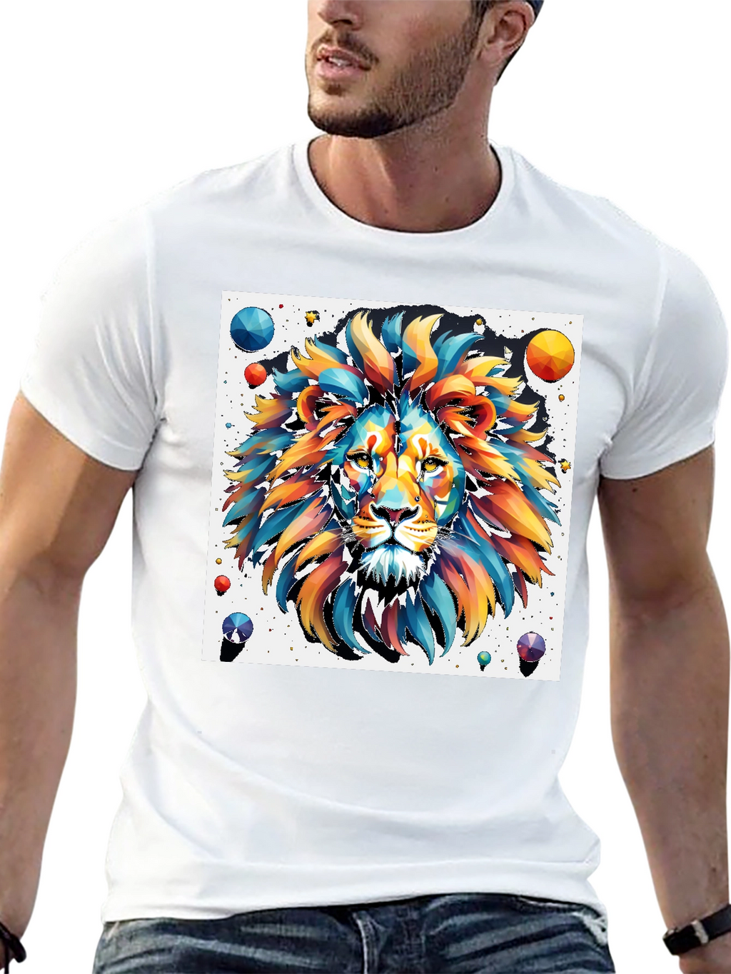 Vibrant Lion Graphic Tee - Artistic Mens Black T-Shirt