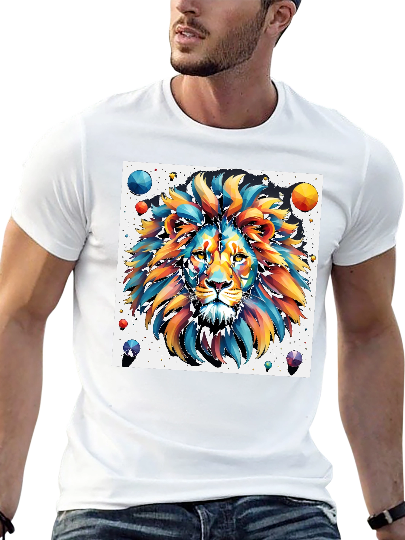 Vibrant Lion Graphic Tee - Artistic Mens Black T-Shirt