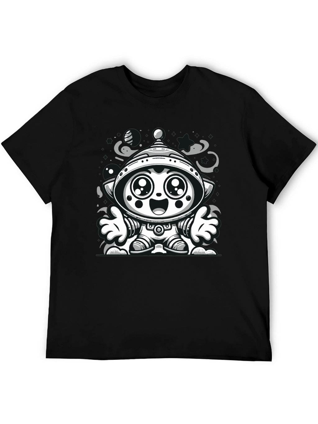 Cartoon Alien Graphic Tee - Black Cotton Blend